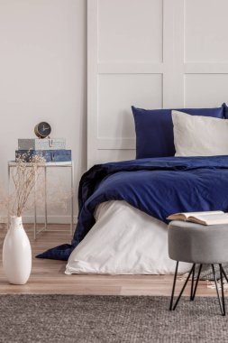 Mavi ve beyaz tasarımlı modayatak odası iç gri puf açık kitap