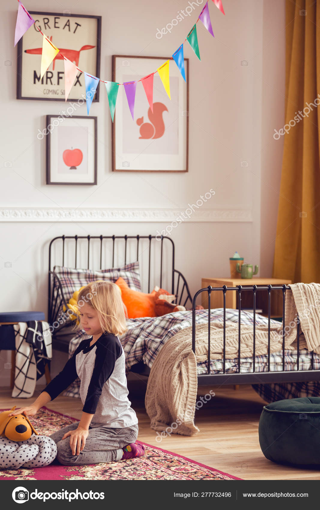 Blonde Kid Playing With Toys In Vintage Styled Unisex