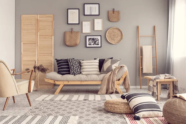Elegante salón de diseño interior con sofá escandinavo, pared gris y acentos naturales —  Fotos de Stock