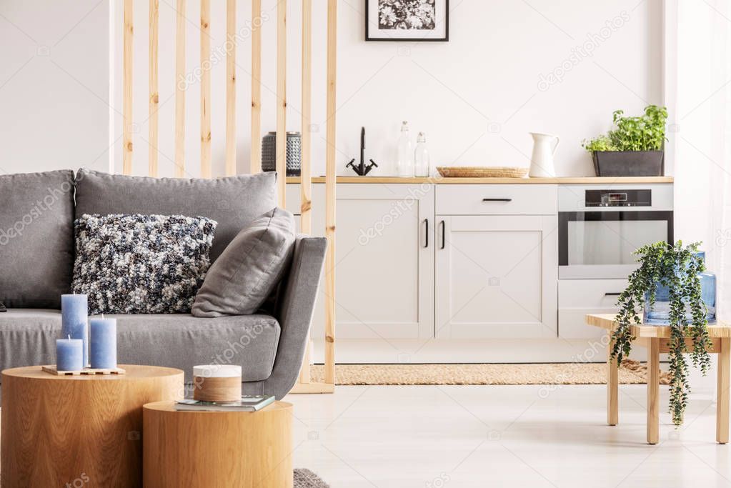 Open plan studio apartment with small white kitchen and living room with grey couch and wooden coffee table