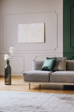 Şık oturma odası iç gri settee yanında vazo gibi büyük yeşil şişe şeklinde Beyaz çiçekler