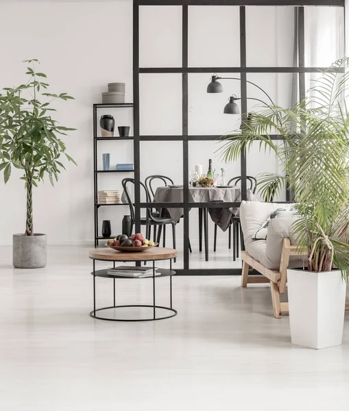 Intérieur de cuisine minimal blanc et noir avec plante de tourbière en pot et des choses sur la table basse — Photo