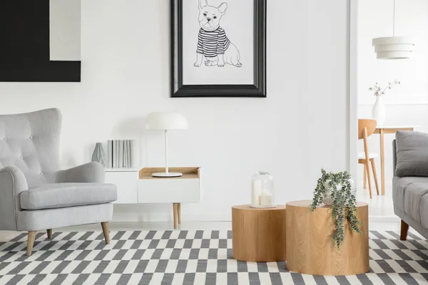 Kényelmes, szürke fotel az elegáns nappaliban belső térrel, fehér bútorokkal és két fából készült dohányzóasztalokkal — Stock Fotó