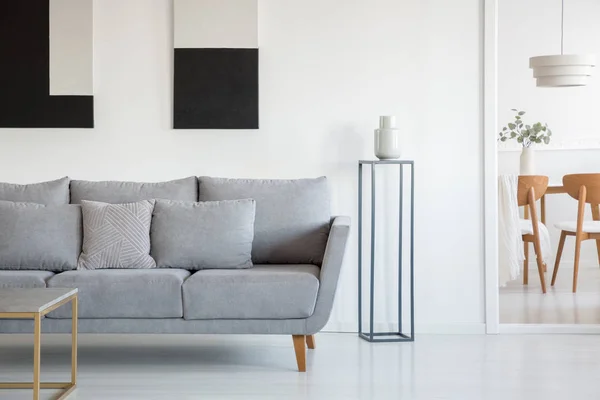 Interno soggiorno bianco e grigio con comodo divano scandinavo — Foto Stock