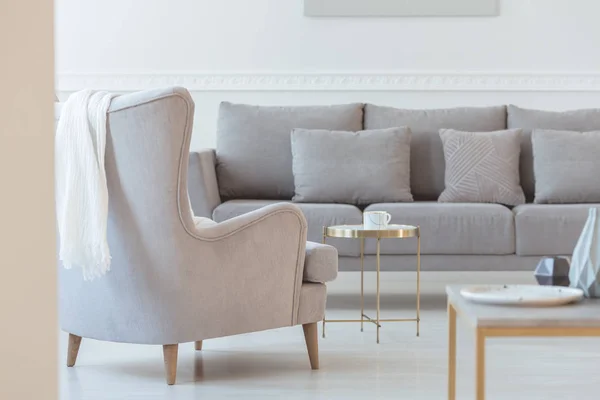 Sofá cinza simples no interior brilhante da sala de estar escandinavo — Fotografia de Stock
