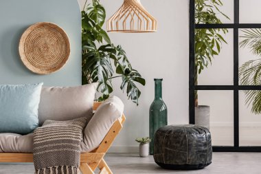 Beyaz ve mavi duvar ve rahat kanepe ile trendy oturma odası iç