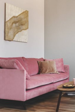 Soyut boyama ile zarif bej iç rahat kadife pastel pembe kanepe