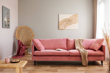 Pembe kadife kanepe arkasında kırmızı battaniye ile Wicker tavus kuşu sandalye
