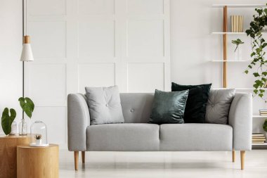 Modern iç ahşap bacaklar ile tasarlanmış gri kanepe