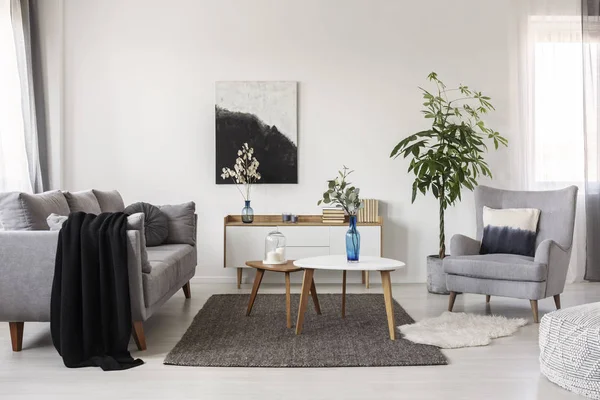 Elegant vitt och grått vardagsrum interiör med abstrakt målning på väggen — Stockfoto