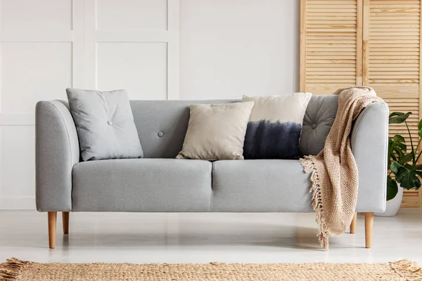 Various cushions on the sofa in stylish living room — Stock Photo, Image