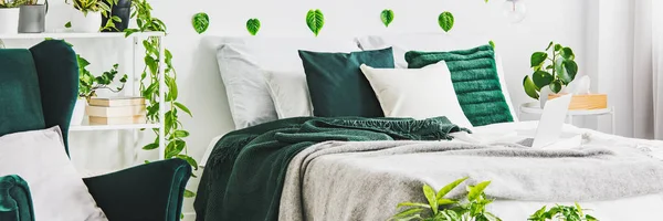Panoramic view of white and green bedroom with king size bed — Stock Photo, Image