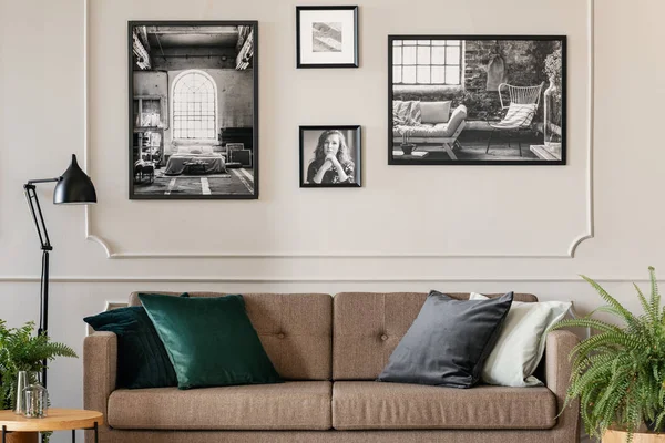 Véritable photo d'un intérieur confortable de salon avec coussins sur un canapé brun rétro et photos sur mur blanc — Photo