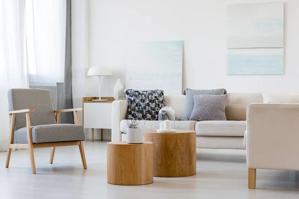 Duas mesas de café de madeira com planta no potenciômetro na frente do sofá cinzento da esquina no interior elegante da sala de estar — Fotografia de Stock