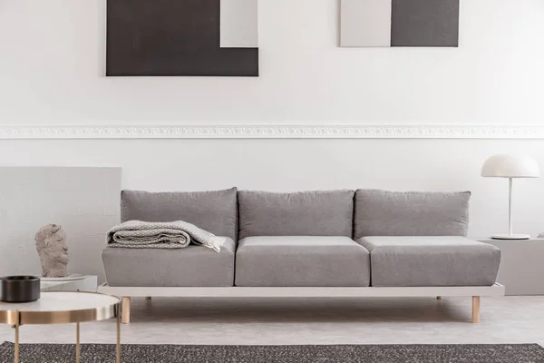 Grey sofa in white interior with abstract paintings on the wall — Stock Photo, Image