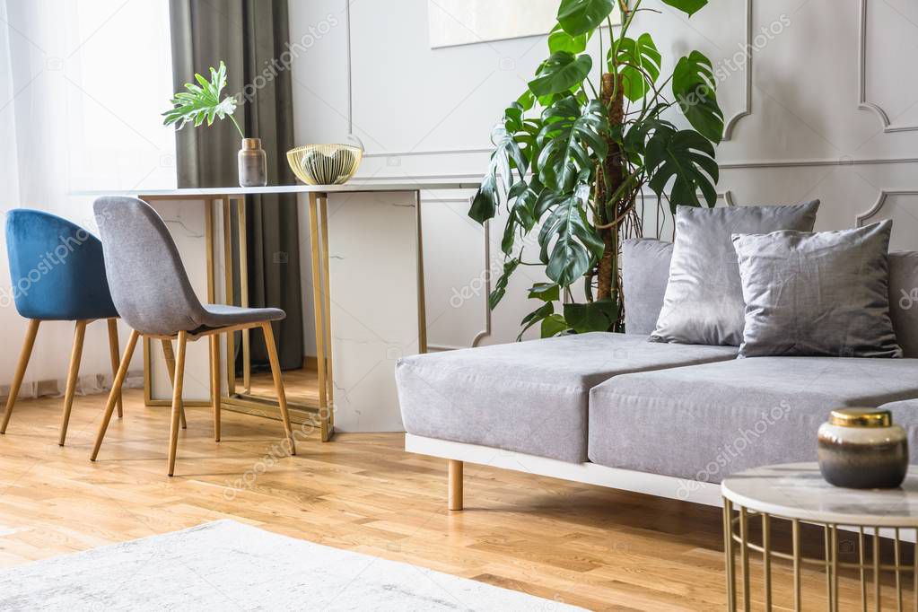 Blue and grey decorations in living room