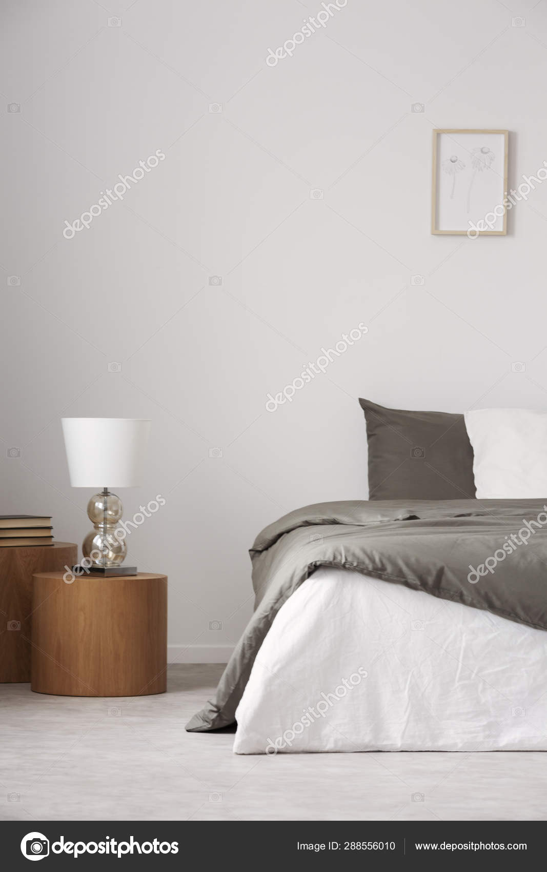 Copy Space On Empty White Wall Of Elegant Bedroom Interior With Comfortable King Size Bed Stock Photo C Photographee Eu 288556010