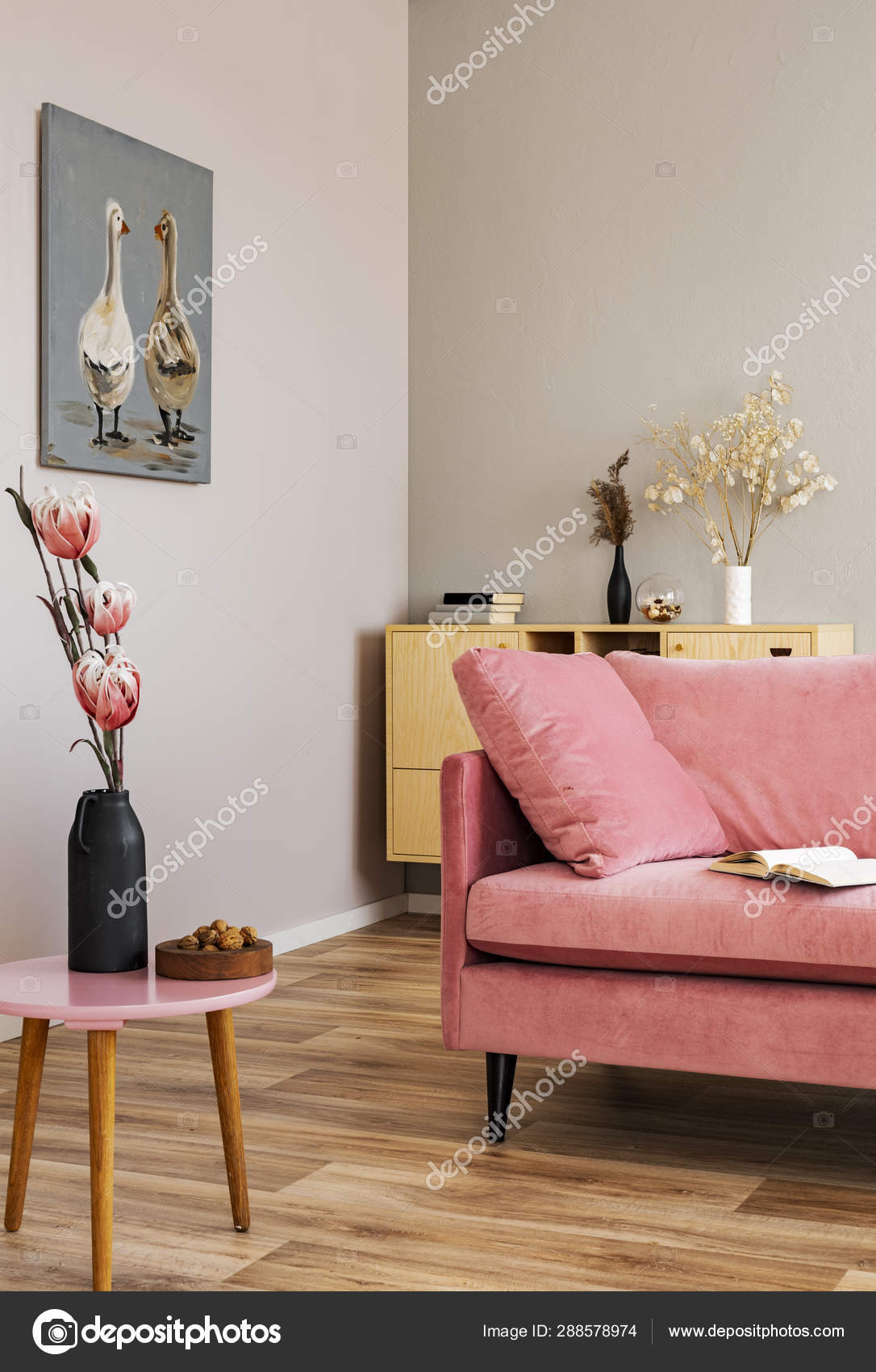 Flowers In Vases On Wooden Commode In Contemporary Living