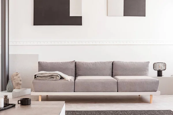 Black and grey paintings on white wall behind comfortable grey couch in elegant living room