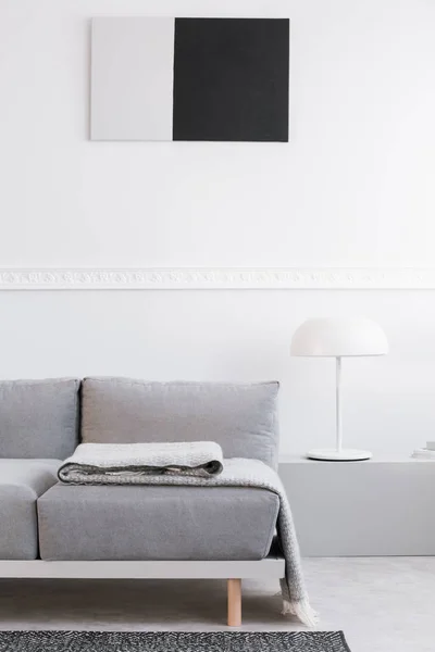 Trendy soggiorno interno con parete bianca, pittura e divano grigio — Foto Stock