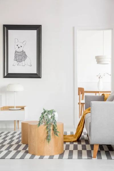 Lámpara industrial blanca sobre mesa de consola en luminoso salón interior con plantas y sofá gris cómodo — Foto de Stock