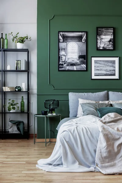Rak buku hitam dengan tanaman di sudut kamar tidur yang indah dengan dinding hijau — Stok Foto