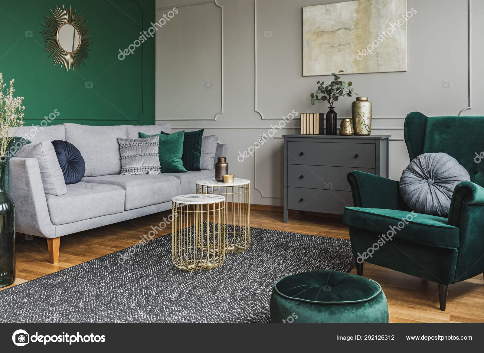 emerald grey gold living room
