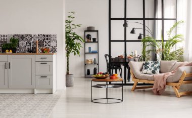 Tencerede bataklık bitki ve sehpa üzerinde şeyler ile beyaz ve siyah minimal mutfak iç