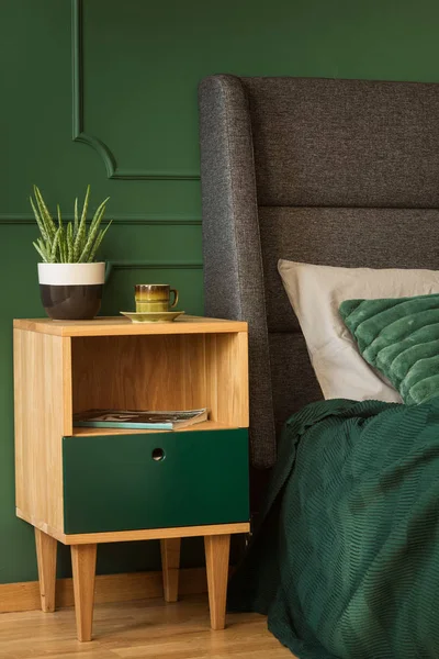 Стильний дерев'яний тумбочка з горщиком з зеленою рослиною і чашкою кави поруч з ліжком королівського розміру з узголів'ям — стокове фото