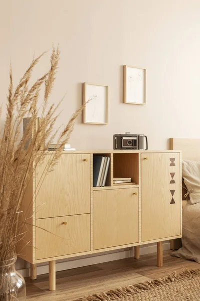 Cámara vintage en elegante gabinete de madera y gráficos en la pared — Foto de Stock