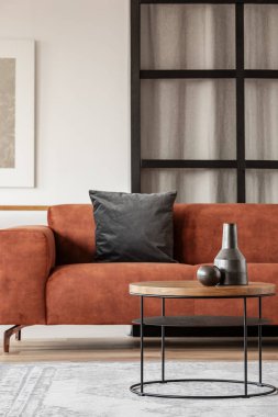 Rahat kanepe ile şık oturma odası iç ahşap sehpa üzerinde siyah vazo