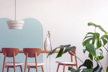 Vazolar ve şık sandalyeler ile uzun ahşap masa üzerinde beyaz lamba