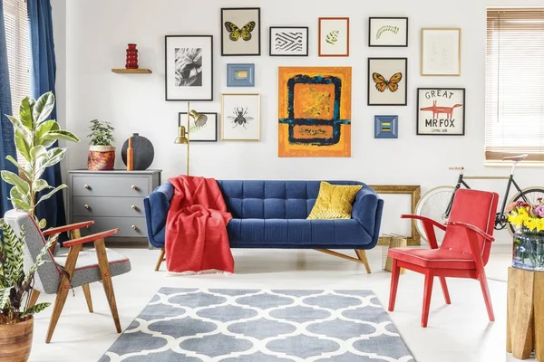 Patterned carpet in colorful living room interior with red armch — Stock Photo, Image