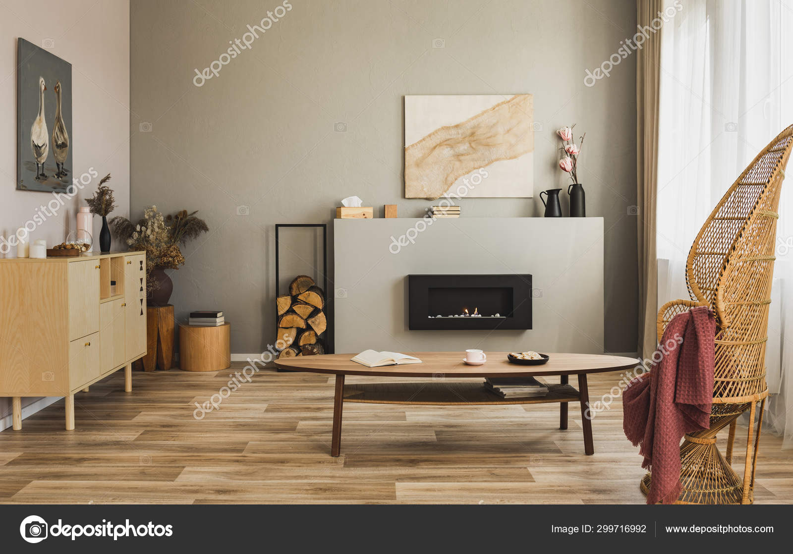 Stylish Living Room Interior With Pastel Pink Sofa Wooden