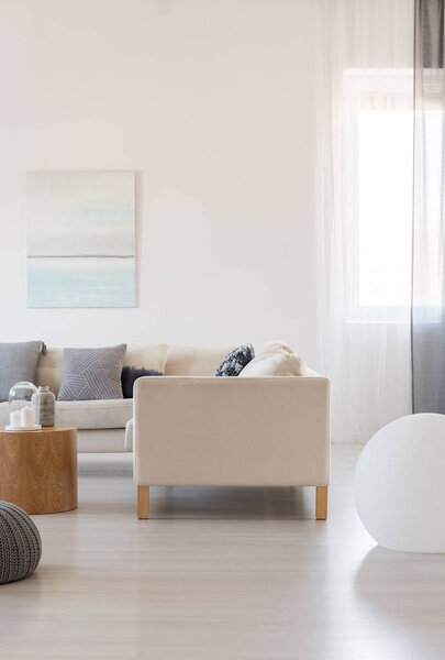 Classy living room interior with sofa and coffee table in bright apartment