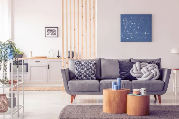 Dos bloques de madera en forma de mesas de centro con habilidades de kinck delante del sofá escandinavo gris con almohadas —  Fotos de Stock