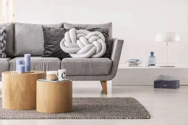 Nudo de moda almohada gris claro en cómodo sofá escandinavo — Foto de Stock