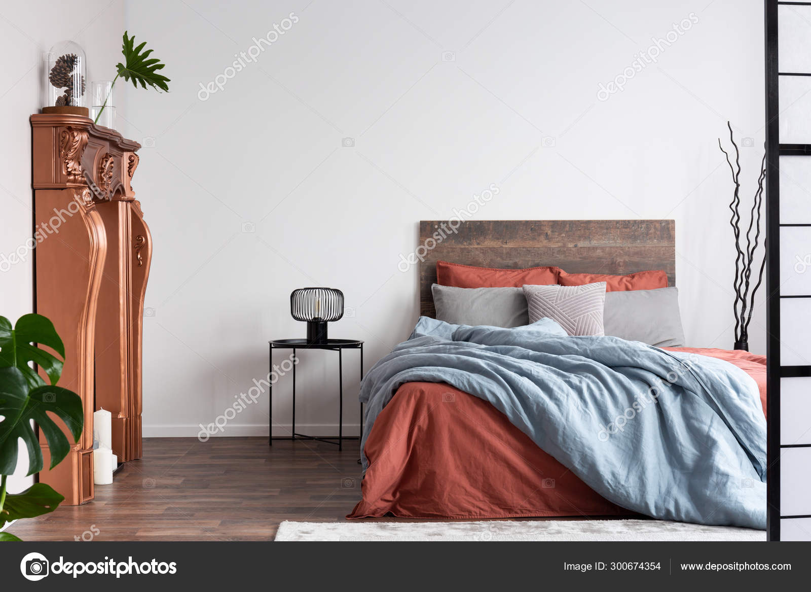 Copy Space On Empty White Wall Of Rustic Bedroom Interior