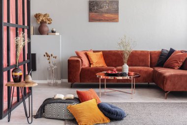 Çarpıcı oturma odası iç beyaz duvara renkli soyut boyama