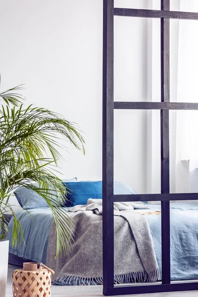 Selva urbana en blanco brillante y azul dormitorio interior con partición — Foto de Stock