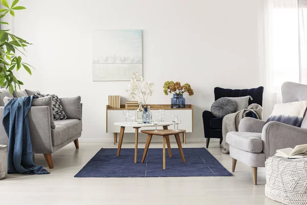 Elegantní bílá, šedá a modrá obytná místnost se skandinávskou pohovkou a sametovým křesílku — Stock fotografie