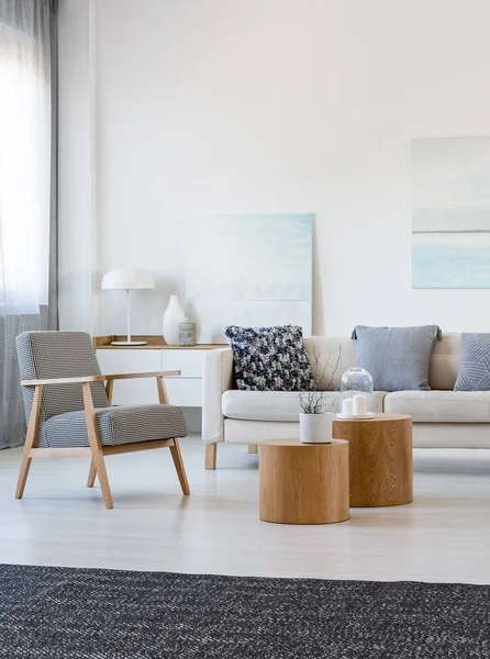 Dos mesas de centro de madera con planta en maceta frente al sofá de esquina gris en el interior de la sala de estar de moda — Foto de Stock