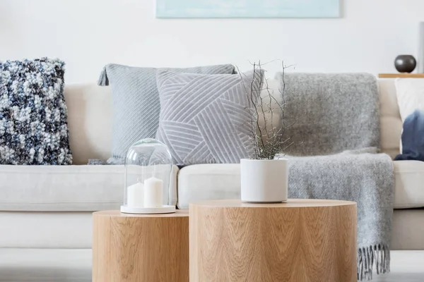 Vela y planta en maceta de hormigón gris en mesas de café de madera frente al sofá escandinavo diseñado — Foto de Stock