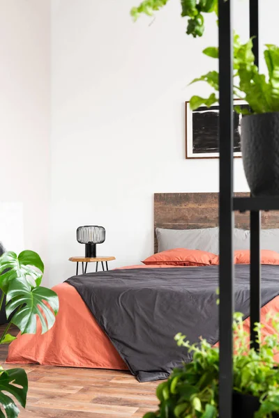 Verticale weergave van eenvoudige slaapkamer interieur met stedelijke jungle — Stockfoto