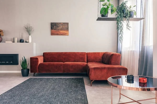 Flores verdes en el columpio con estilo en el elegante interior de la sala de estar con sofá de esquina con almohadas — Foto de Stock