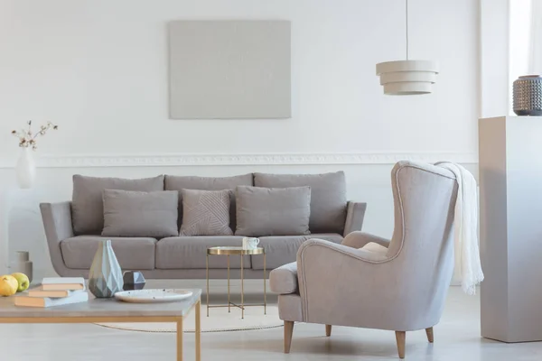 Stor skön Wing back fåtölj bredvid lång grå skandinavisk soffa med kuddar i ljust vardagsrum interiör — Stockfoto