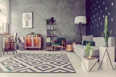Oturma odasının içinde kaktüsler, gri kanepe, büyük lamba, geometrik halı ve dokuma duvarı olan gerçek fotoğrafı.
