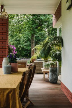 Terasta trendy mobilya ile büyük güzel bahçede yeşil bitkilerin Çok