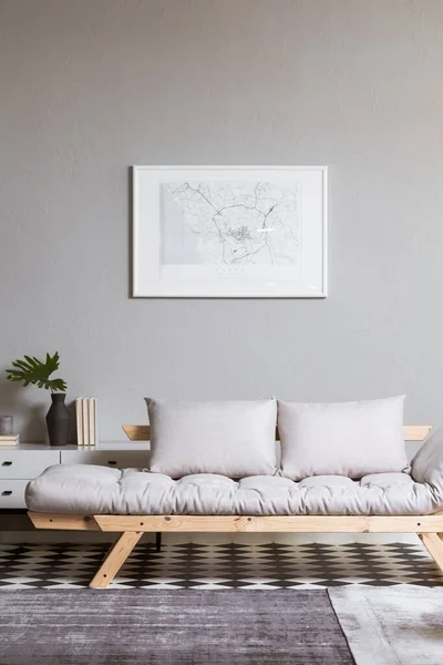 White Map Grey Wall Fashionable Living Room Interior Scandinavian Futon — Stock Photo, Image