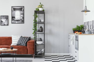 Gri İskandinav oturma odasında, kahverengi kadife koltuklu siyah metal bir kitaplık.